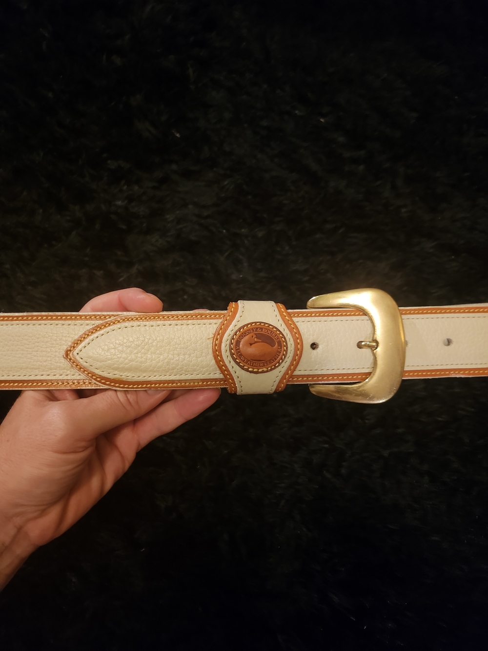Dooney & Bourke Cream Leather Belt with Tan Trim and Gold Buckle